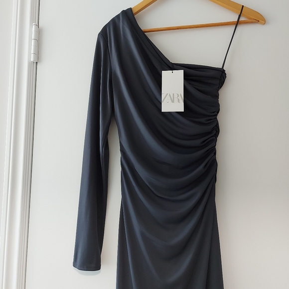 Zara Drapped Asymmetrical Midi Dress Gray - Picture 9 of 13